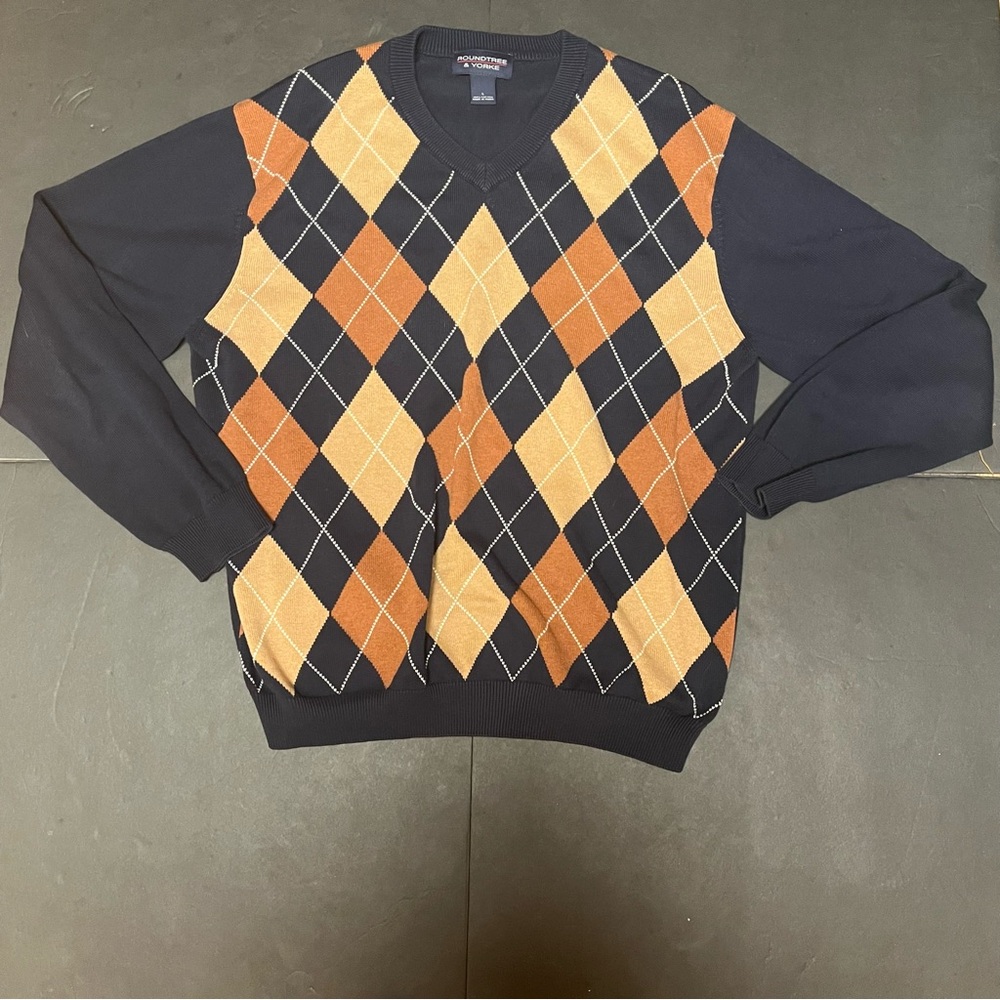 Roundtree & Yorke Cotton (L)‎ V-Neck Argyle Sweater Academia Preppy Grandpacore